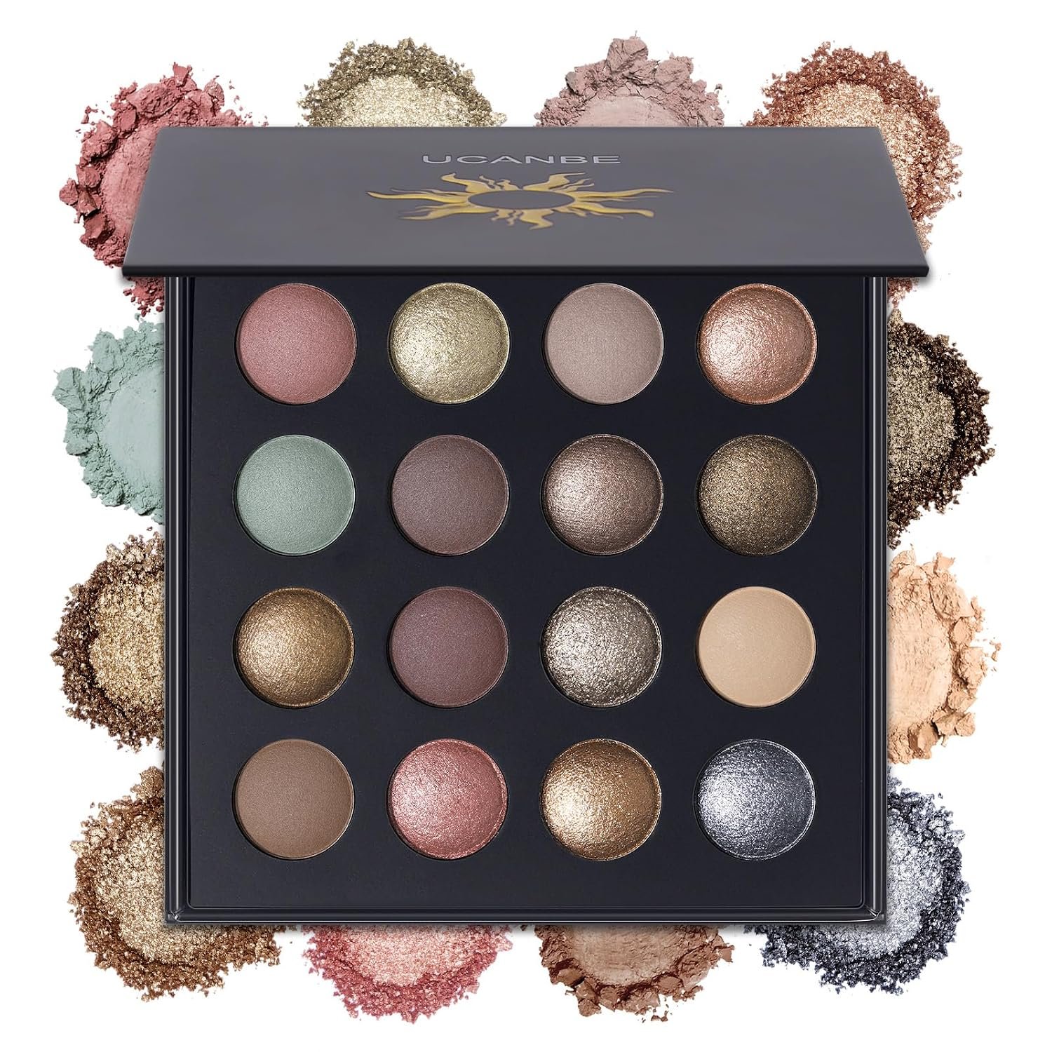 UCANBE Baked Eyeshadow Makeup Palette with Hidden Gems, 16 Colors UCANBE Baked Eyeshadow Makeup Palette with Hidden Gems, 16 Colors Nude Eye Shadow with Matte Glitter Metallic Shimmer, Highly Pigmented Long Lasting Make Up Pallet