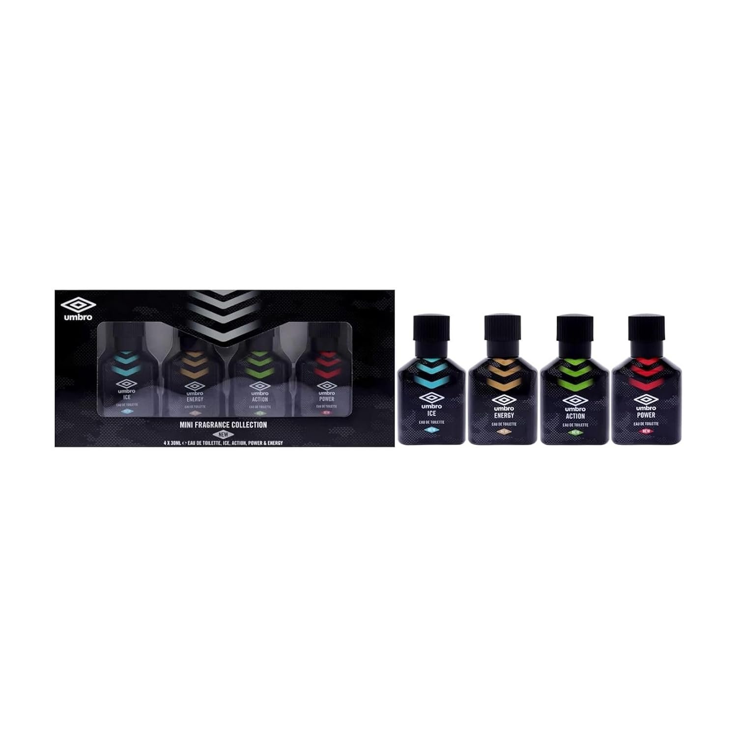 Umbro Mini Fragrance Collection by Umbro for Unisex – 4 Pc Mini Gift Set 1oz Power EDT Spray, 1oz Ice EDT Spray, 1oz Energy EDT Spray, 1oz Action EDT Spray Umbro Mini Fragrance Collection by Umbro for Unisex – 4 Pc Mini Gift Set 1oz Power EDT Spray, 1oz Ice EDT Spray, 1oz Energy EDT Spray, 1oz Action EDT Spray