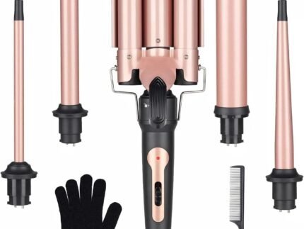Wand Curling Iron Hair Crimper Tool, Emocci Pro Large 3 Barrels (0.35″ – 1.25″ Ceramic Barrel) Hair Wand Curler for Women Beach Waves Instant Heat Multi-Size Hair Waver 5-in-1 Curling Wand Set