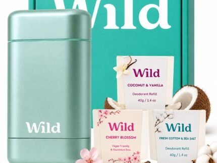 Wild Aluminum Free Natural Deodorant Starter Kit – Refillable Aqua Case – Natural Ingredients & 24 Hour Odor Protection – Women & Men’s – Fresh Scents Variety Pack – Case + 3 Refills