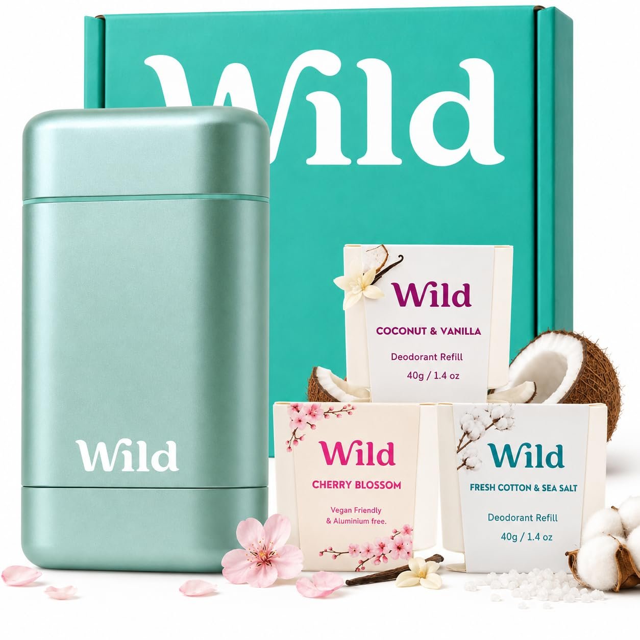 Wild Aluminum Free Natural Deodorant Starter Kit – Refillable Aqua Case – Natural Ingredients & 24 Hour Odor Protection – Women & Men’s – Fresh Scents Variety Pack – Case + 3 Refills Wild Aluminum Free Natural Deodorant Starter Kit – Refillable Aqua Case – Natural Ingredients & 24 Hour Odor Protection – Women & Men’s – Fresh Scents Variety Pack – Case + 3 Refills