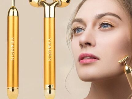 Yeamon 2 in 1 Face Massager Golden Facial Electric 3D Roller and T Shape Arm Eye Nose Massager Skin Care Tool