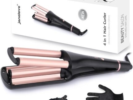 janelove 4 in 1 Hair Crimper, Hair Waver, Beach Waves Curling Iron Create 4 Types of Waves 0.75 & 1 & 1.1& 1.25 Inch, for Water/Mermaid/Beach/Deep defned Waves, 4 Temps with LED Display