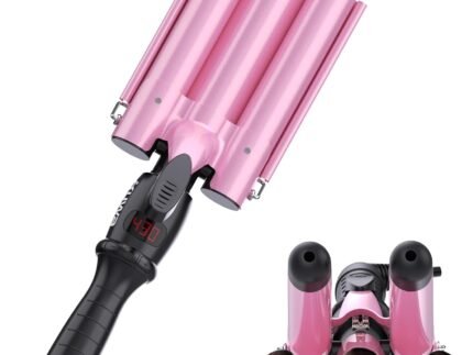 kuwa LCD Temperature Display Hair Crimper,15 Variable Temperature Crimper Hair Tool,Three Barrel Curling Iron,Beach Waves Curling Iron,HairWaver for Women