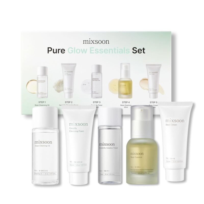 mixsoon Pure Glow Essentials Set – 5-Step Skincare Kit – Travel kit, Travel size kit, Hydrating Skincare Gift Set (15ml*1+20ml*3+30ml*1) Korean Glass Skin Care