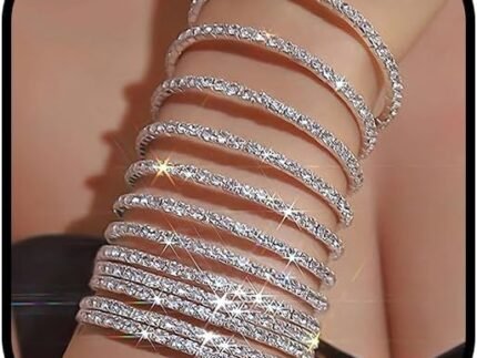 12PCS Silver Bling Rhinestone Bracelets Stack Sparkly Fake Diamond Bangles CZ Tennis Sparkle Crystal Stretch Bracelet Set for Women Wedding Costume Jewelry
