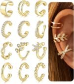 12Pcs 14K Gold Plated Ear Cuff for Women, Non-Piercing Clip On Cartilage