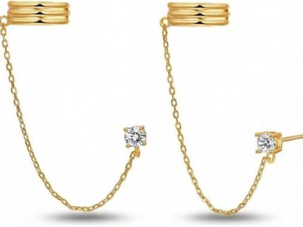 14K Gold Chain Double Layer Cuff Earrings for Women,Dainty Ear Cuff Earrings, Minimalist Gold Chain Earring