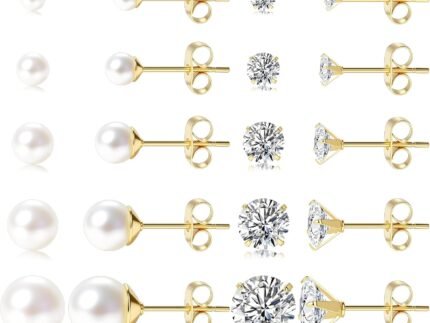 14K Gold Stud Earrings for Women, Hypoallergenic 10 Pairs CZ & Pearl Set
