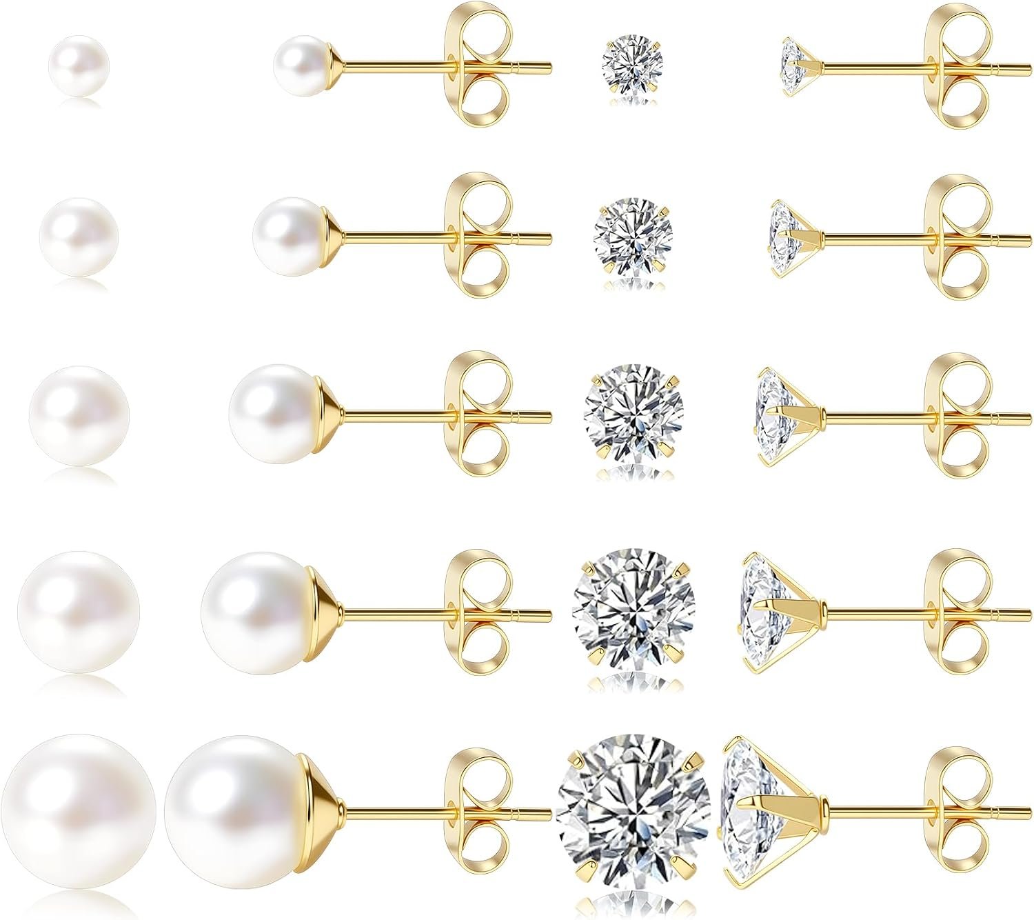 14K Gold Stud Earrings for Women, Hypoallergenic 10 Pairs CZ & Pearl Set 14K Gold Stud Earrings for Women, Hypoallergenic 10 Pairs CZ & Pearl Set