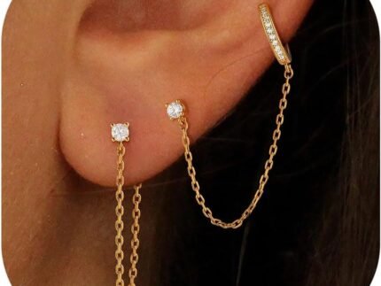 14k Gold Plated Chain Earrings for Women Trendy Dainty Hypoallergenic Cubic Zirconia Stud Earrings for Sensitive Ears Nickel Free Gold Drop Dangle Earrings for Women Jewelry