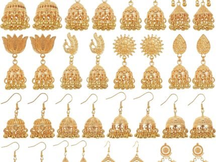 16 Pairs Earrings for Women, Jhumkas Indian Vintage Bell Hoop Chandelier Dangle Earrings, Bohemian Ethnic Gold Silver Jewelry Bulk, Assorted Traditional Designs for Diwali Ganesh Chaturthi