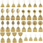 16 Pairs Jhumkas Indian Earrings for Women Jhumka, Vintage Gold Bohemian Chandelier Dangle Earrings Set, Ethnic Traditional Jewelry with Assorted Designs(8 Styles)
