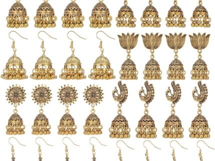 16 Pairs Vintage Indian Jhumka Earrings for Women, Bohemian Chandelier Dangle Earring Set, Zinc Alloy Ethnic Jewelry with Assorted Retro Designs (8 Styles, 2 Pairs Each)