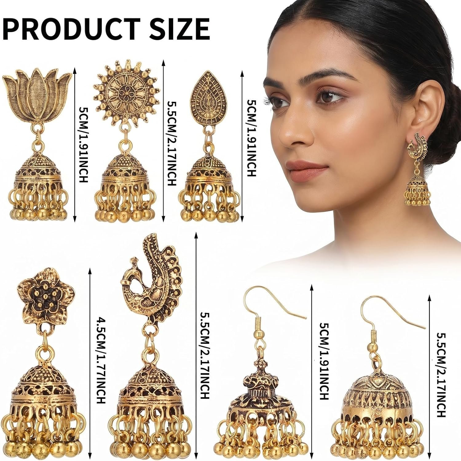16 Pairs Vintage Indian Jhumka Earrings for Women Bohemian Chandelier Dangle Earring Set Zinc Alloy Ethnic Jewelry with Assorted Retro Designs 8 Styles 2 Pairs Each