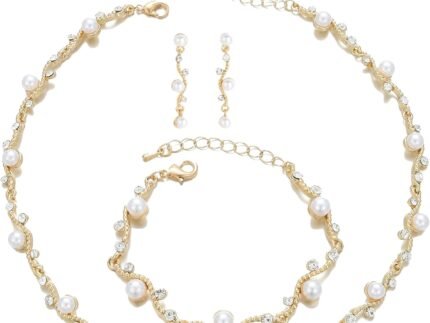 Bridal Pearl Choker Necklace Earrings Bracelet Wedding Crystal Jewelry Set for Women Brides Bridesmaid Prom