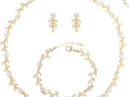 Austrian Crystal Rhinestone Choker Necklace Dangle Earring Link Bracelet Jewelry Set for Brides Bridesmaid Prom Costume Accessories for Women