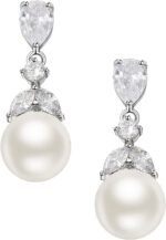 SWEETV Cubic Zirconia Pearl Drop Wedding Earrings for Brides, Ivory Bridal Pearl Earrings for Bridesmaid Jewelry Gift