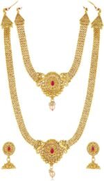 Aheli Gold Plated Synthetic Stone & Pearl Studded Maharani Haar Short & Long Necklace with Jhumki Earrings Bridal Jewellery Set Gift for Women