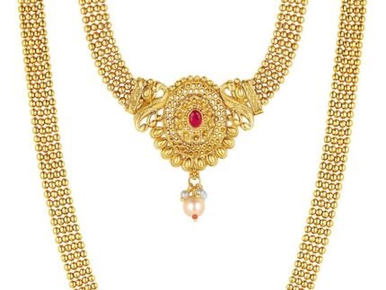 Aheli Gold Plated Synthetic Stone & Pearl Studded Maharani Haar Short & Long Necklace with Jhumki Earrings Bridal Jewellery Set Gift for Women