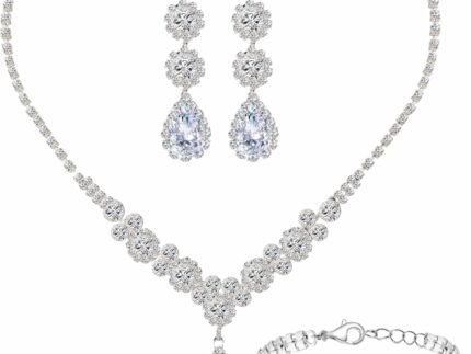 Paxuan Silver/Gold Rhinestone Crystal Wedding Bridal Bridesmaids Earrings Bracelet Set for Women Brides Bridesmaids Crystal Rhinestone Bracelet Earrings Set for Wedding Bridal Prom Pageant