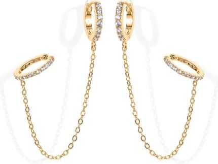 PAVOI 14K Gold Chain Earrings for Women | Double Piercing Dangle Chain Huggie Hoop Earrings | Cubic Zirconia Pearl Stud Ear Earrings for Women