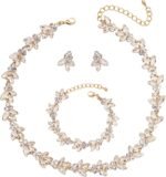 Bridal Wedding Crystal Leaf Choker Necklace Dangle Earring Bracelet Brides Bridesmaid Jewelry Set for Women