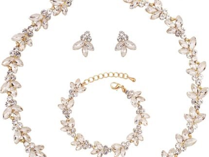 Bridal Wedding Crystal Leaf Choker Necklace Dangle Earring Bracelet Brides Bridesmaid Jewelry Set for Women