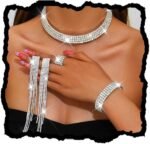 Unicra Rhinestone Bridal Wedding Jewelry Sets Silver Choker Necklace Earrings Bracelet Ring Set Prom Formal Costume Jewelry Set for Women and Brides