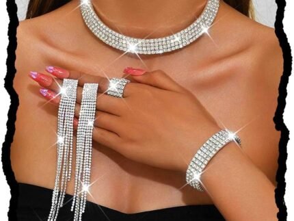 Unicra Rhinestone Bridal Wedding Jewelry Sets Silver Choker Necklace Earrings Bracelet Ring Set Prom Formal Costume Jewelry Set for Women and Brides