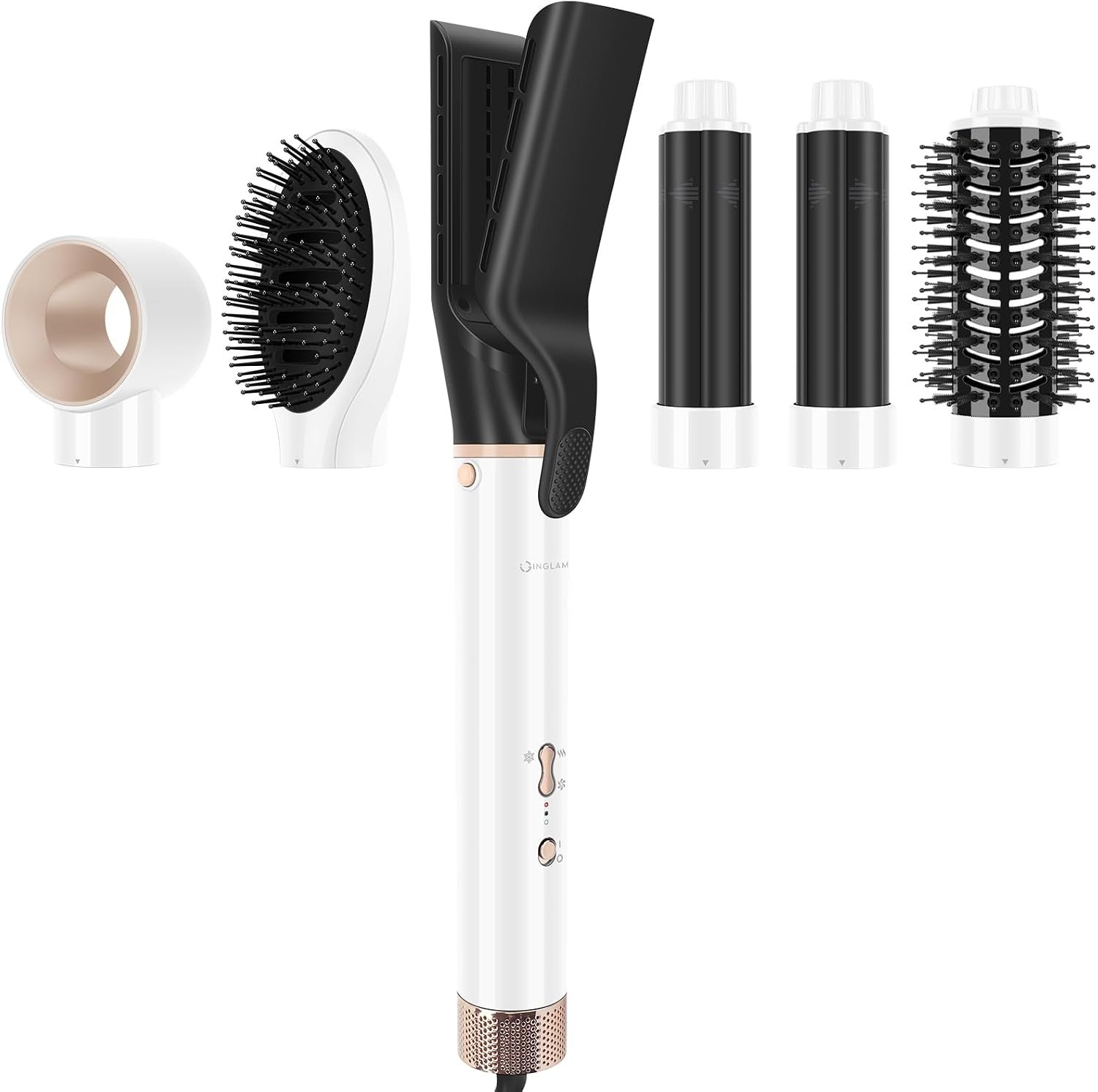 6-in-1 Hair Dryer Brush, 110,000 RPM High Speed Hair Dryer 6-in-1 Hair Dryer Brush, 110,000 RPM High Speed Hair Dryer with Air Straightener, 28mm AUTO Curlers, IG INGLAM MegaAIR 2.0 Multi-Styler Set Volumizing and Shape, White