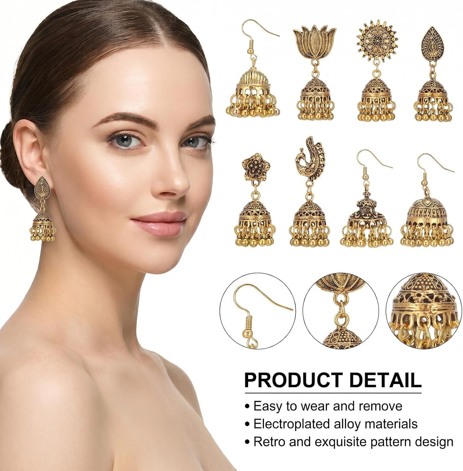 1791011305 16 Pairs Vintage Indian Jhumka Earrings for Women Bohemian Chandelier Dangle Earring Set Zinc Alloy Ethnic Jewelry with Assorted Retro Designs 8 Styles 2 Pairs Each