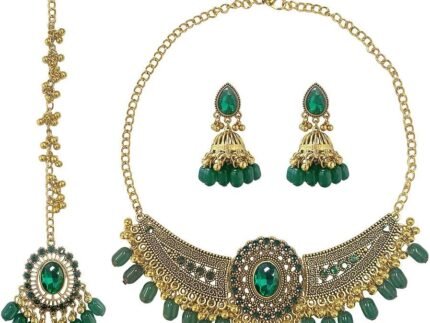 Traditional Maang Tikka with Kundan Necklace Earrings Jewelry Set Ethnic Crystal Jhumka Earring Wedding Jewelry for Women Boho Outfit Pendent Choker Necklace Bridal Party Dance Hair Accessories