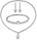 Jewelry Set for Women, Necklace Dangle Earrings Bracelet Set with White AAA Cubic Zirconia, Allergy Free Wedding Party Jewelry for Bridal Bridesmaid