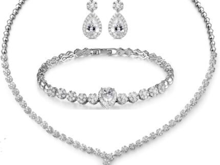Jewelry Set for Women, Necklace Dangle Earrings Bracelet Set with White AAA Cubic Zirconia, Allergy Free Wedding Party Jewelry for Bridal Bridesmaid