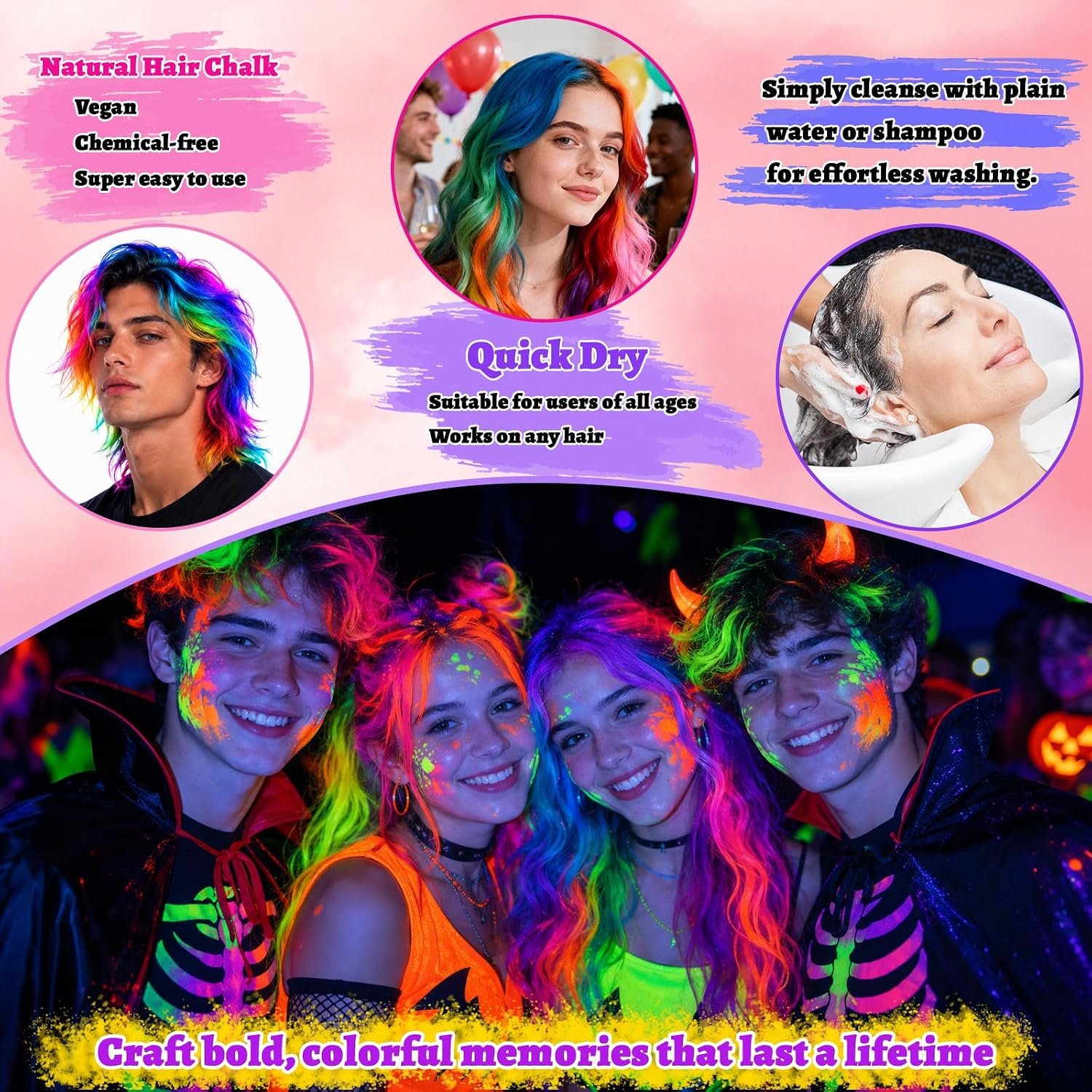 1791027833 8 Colors Temporary Hair Chalk Washable Hair Dye for Kids Non Sticky UV Light Neon Hair Color Makeup for Birthday Parties Halloween Christmas Festival Gifts Ideal for Girls Ages 6 10