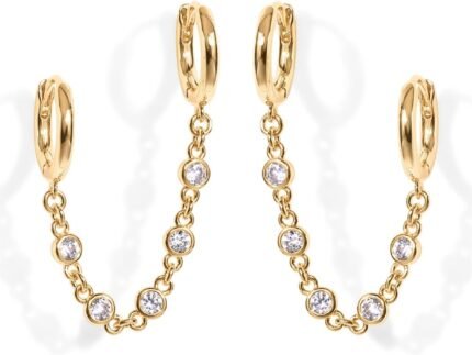 PAVOI 14K Gold Chain Earrings for Women | Double Piercing Dangle Chain Huggie Hoop Earrings | Cubic Zirconia Pearl Stud Ear Earrings for Women