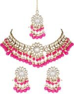 I Jewels Gold Plated Indian Wedding Bollywood Kundan & Pearl Choker Necklace Earring & Maang Tikka Ethnic Jewellery Set for Women (K7232-1)