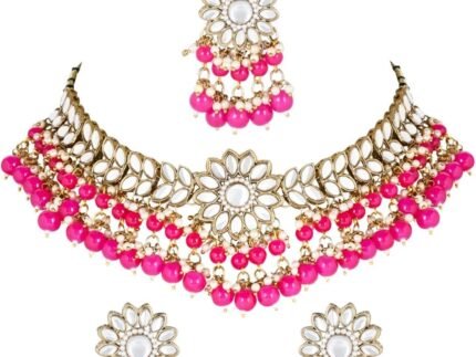 I Jewels Gold Plated Indian Wedding Bollywood Kundan & Pearl Choker Necklace Earring & Maang Tikka Ethnic Jewellery Set for Women (K7232-1)