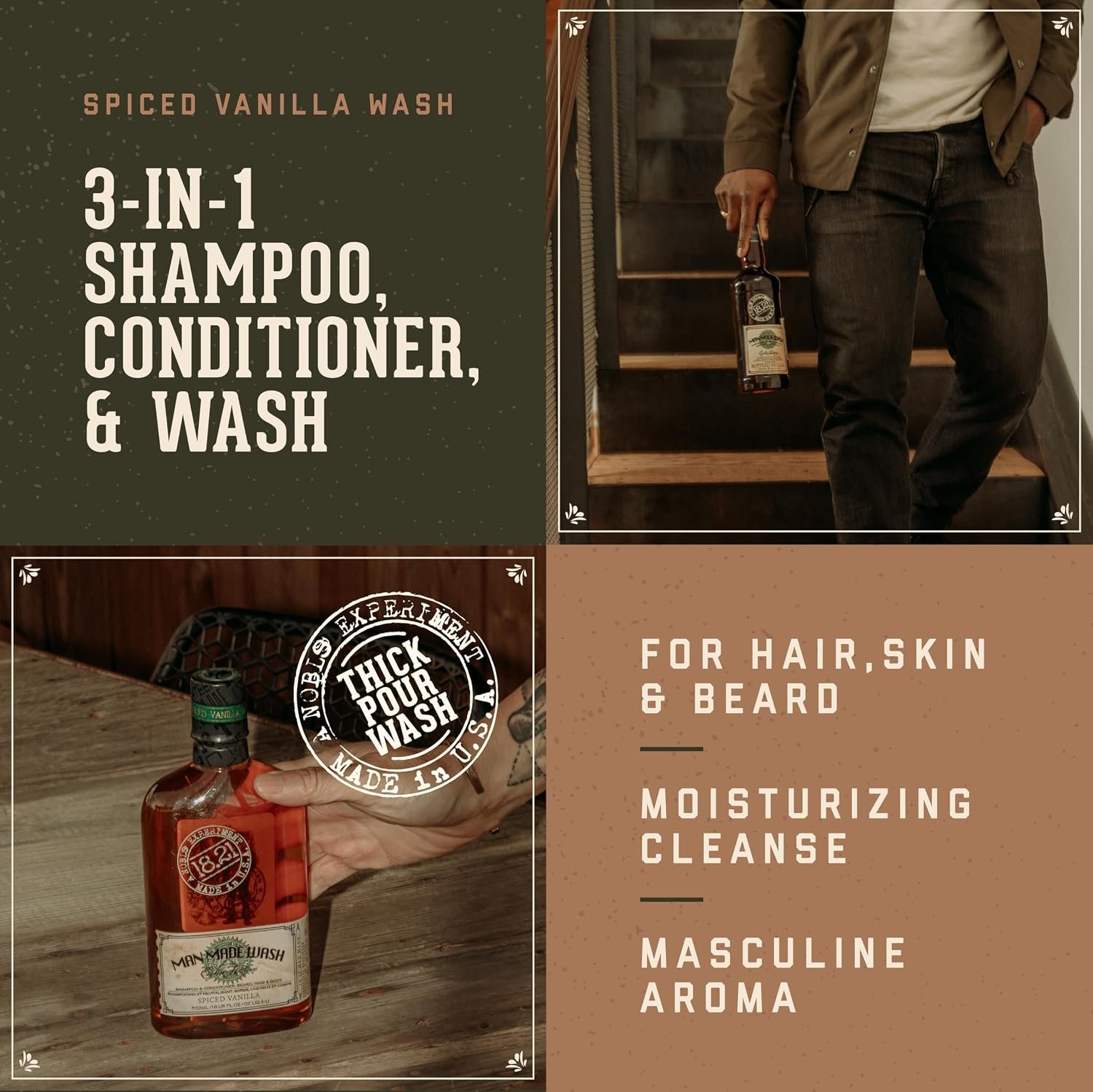 1791038521 18.21 Man Made 3 in 1 Travel Size Body Wash Shampoo Conditioner for Men All Hair Skin Types Strengthens and Moisturizes in a Manly Aroma 3.4oz
