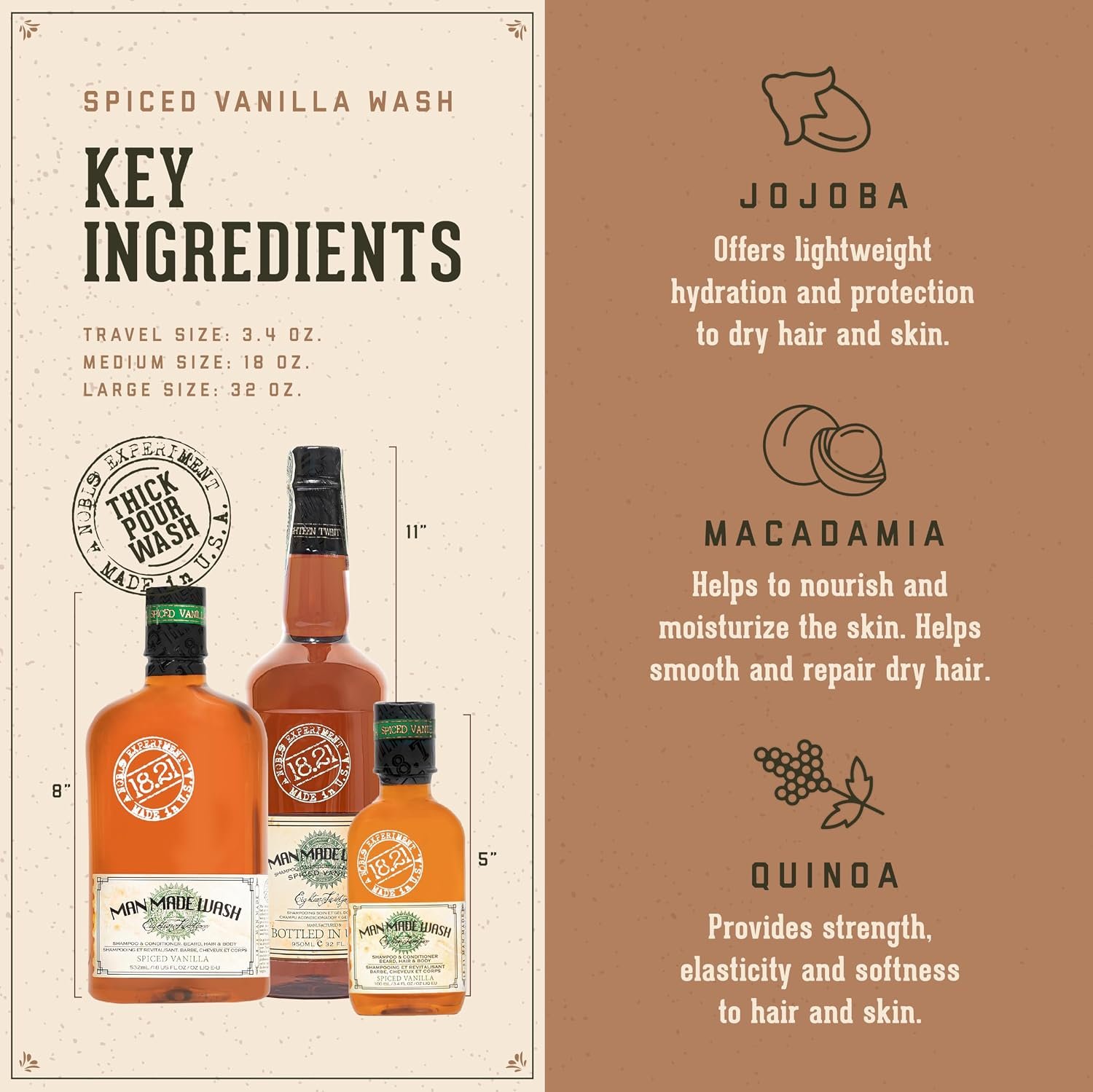 1791038524 18.21 Man Made 3 in 1 Travel Size Body Wash Shampoo Conditioner for Men All Hair Skin Types Strengthens and Moisturizes in a Manly Aroma 3.4oz