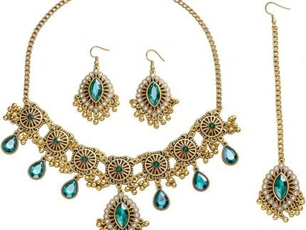 OIDIMS Boho Indian Jewelry Set for Women Bride Crystal Maang Tikka Charm Choker Neckalce Bollywood Ethnic Earring Fashion Jhumka Wedding Costume Ethnic Traditional Marriage Kundan Diwali Polki