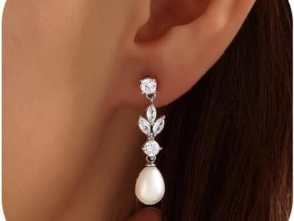 Pearl Earrings for Women, 14k Gold Plated Trendy Diamond Pearl Drop Earrings Bridal Shower Gifts Wedding jewelry for Women