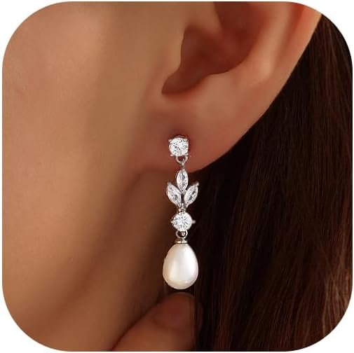 Pearl Earrings for Women, 14k Gold Plated Trendy Diamond Pearl Drop Earrings Bridal Shower Gifts Wedding jewelry for Women Pearl Earrings for Women, 14k Gold Plated Trendy Diamond Pearl Drop Earrings Bridal Shower Gifts Wedding jewelry for Women