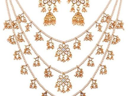 Aheli Layered Faux Pearl Kundan Necklace Earring Set Rani Har Bharatanatyam