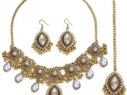 OIDIMS Boho Indian Jewelry Set for Women Bride Crystal Maang Tikka Charm Choker Neckalce Bollywood Ethnic Earring Fashion Jhumka Wedding Costume Ethnic Traditional Marriage Kundan Diwali Polki
