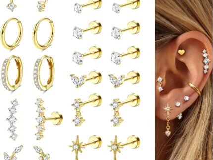 LOLIAS Hypoallergenic Flat Back Earrings-Cartilage Earring Stacks-Surgical Steel Earrings for Sensitive Ears – Small Stainless Steel Flatback Stud Hoop Earring Sets for Helix Tragus Conch Daith Multiple Piercing Jewelry Trendy