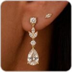 Gold Silver Dangle Earrings for Women, Dainty 14K Gold Plated Cubic Zirconia Drop Jewelry, Teardrop Bow Oval, Wedding Bridal Prom Gift