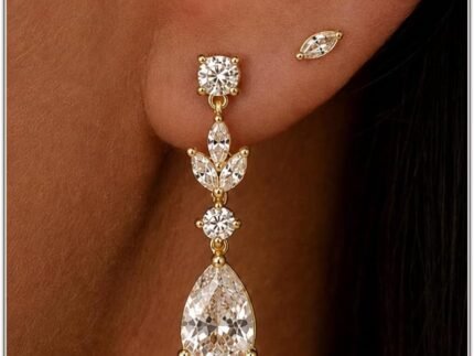 Gold Silver Dangle Earrings for Women, Dainty 14K Gold Plated Cubic Zirconia Drop Jewelry, Teardrop Bow Oval, Wedding Bridal Prom Gift