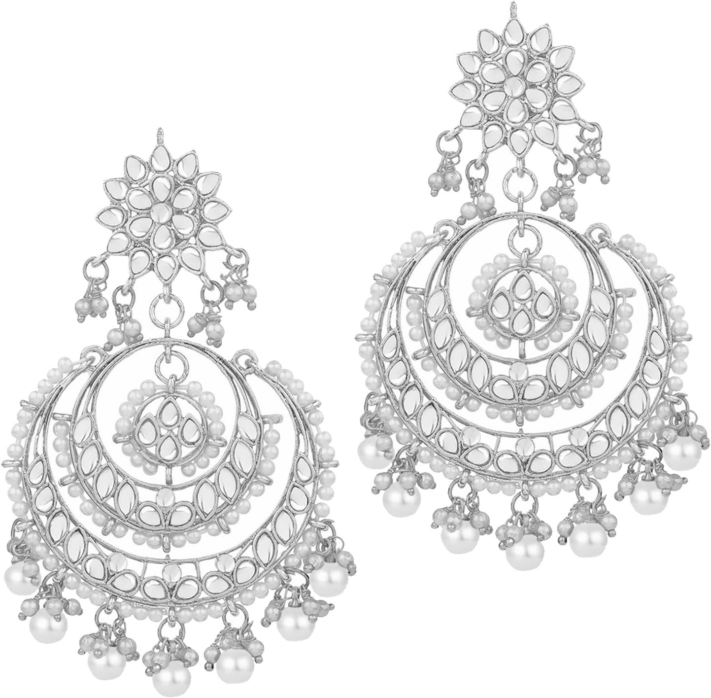 Aheli Ethnic Bridal Faux Kundan Pearl Chandbali Earrings Gift for Women Fancy Indian Traditional Bollywood Jewelry Set